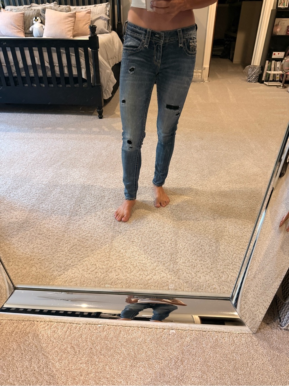Rock Revival Dalia Skinny Jeans Distressed Black Backing Blue - Size 27